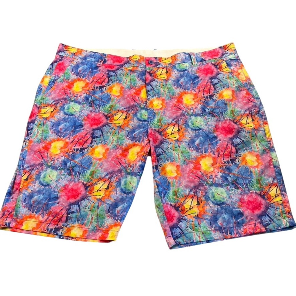 Hreski Men's Golf Shorts Size 44 Multicolor Watercolor Splatter Print Stretch